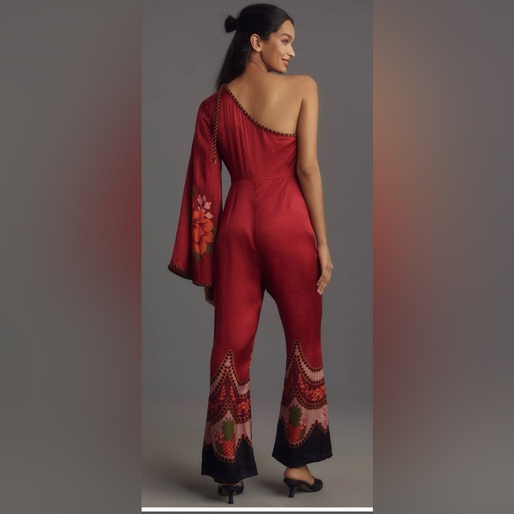 Nwt farm rio satin red floral jumpsuit M spring designer boho satin $300 evening - Picture 3 of 5